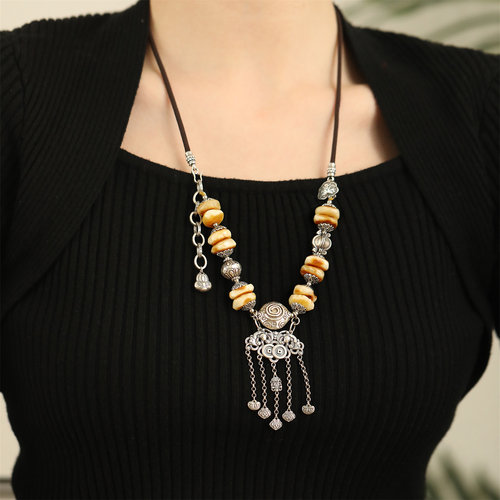 S925银彩绳流苏玛瑙圆珠莲花扣头黑色万能链小众延长链 N15110