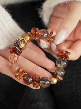 S925银花珀茶晶黑金超橙月光漆葫芦弹力手串 S12247