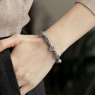 S925银足银玫瑰花花环编绳手链DIY项链 S12103