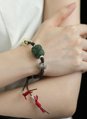 S925银和田碧玉雕花大桶珠蜜蜡跑环骰子手链新中式 S08808