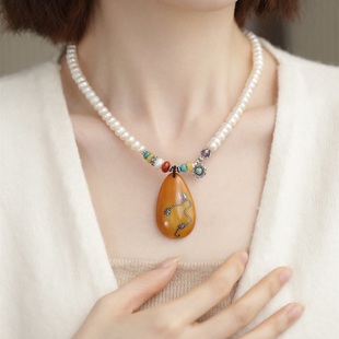 吊坠925银 N19007 镶嵌雷鸟圆牌镶嵌串珠项链复古百搭国风新中式