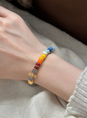 S925银灰月光石隔片彩色雪巴琉璃弹力手串新中式设计感 S09170