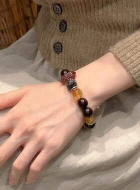 S925银虎眼石圆珠扎基车轮珠可转动弹力手串女小众精致 S09537