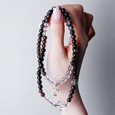 S925银茶晶白水晶带锆十字架吊坠银曜石弹力手串 S10615