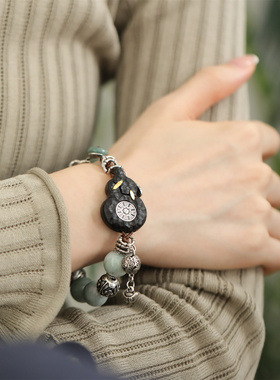 S925银翡翠圆珠如意锁黑檀木山鬼牌葫芦手链新中式国风 S09349