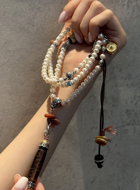 S925银珍珠九眼珠蜜蜡冰飘南红六字真言抽拉项链 N18233