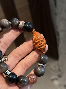 S925银发晶银曜石橄榄核黑神话悟空弹力绳手串新中式 S08866