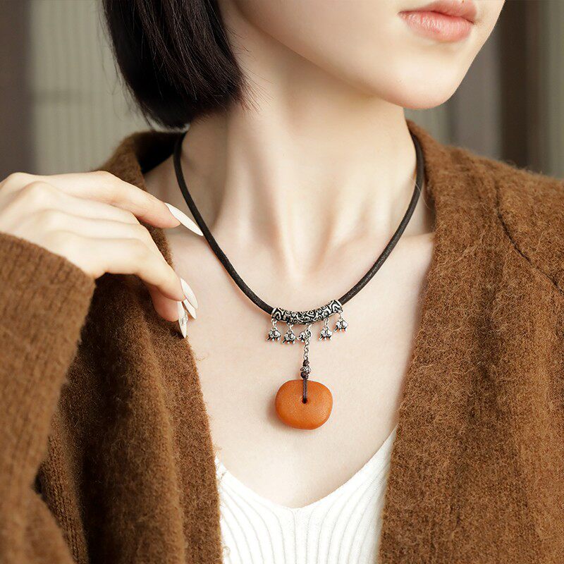 s925银大象祥云弯管吊小象流苏蜜蜡饼子抽拉项链 N18951