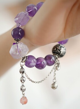 S925银紫水晶圆珠切面随型弹力手串手链新中式设计手饰 S08939