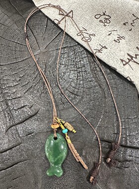 S925银和田碧玉小鱼抽拉项链时尚简约百搭长款可调节国风 N18896D