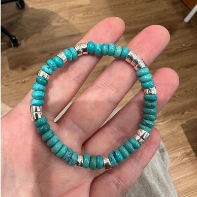 S925银 松石算盘珠银大肠珠弹力手串 S11456