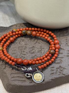 S925银南红玛瑙包浆南红镂空葫芦黄财神项链 N17589