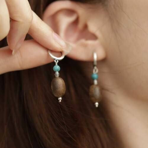 S925银沉香桶珠松石圆珠耳环女新中式国风耳饰 E26630