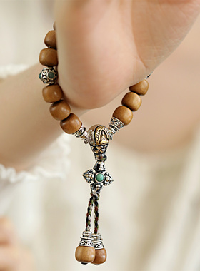 S925银老山檀五条经文珠无相佛莲花座三通手串新中式设计 S08880