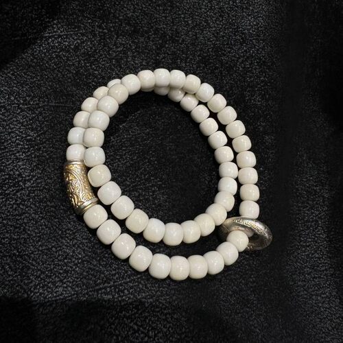 白玉菩提老型珠六字真言描金环扎基描金弯管手串S925银 S12307