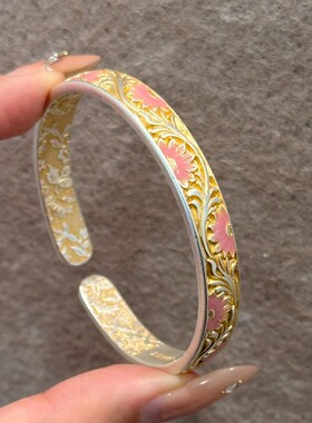 足银手镯足银999描金葵藿倾阳叶底开口手镯手工简约百搭 S12598