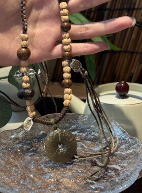 S925银糖料和田玉平安扣金丝楠圆珠绳抽拉项链小众设计 N17049