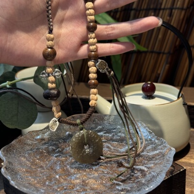 S925银糖料和田玉平安扣金丝楠圆珠绳抽拉项链小众设计 N17049