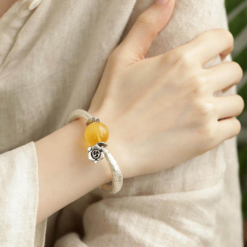 蜜蜡圆珠玫瑰花肌理足银弯管OT扣手链S925银配件多样性发 S13623