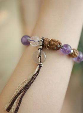 S925银紫水晶老山檀绿度母宝宝佛六字真言手链 S08508