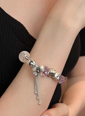 S925银不规则紫水晶雪花幽灵白水晶五瓣花弹力手串 S11364