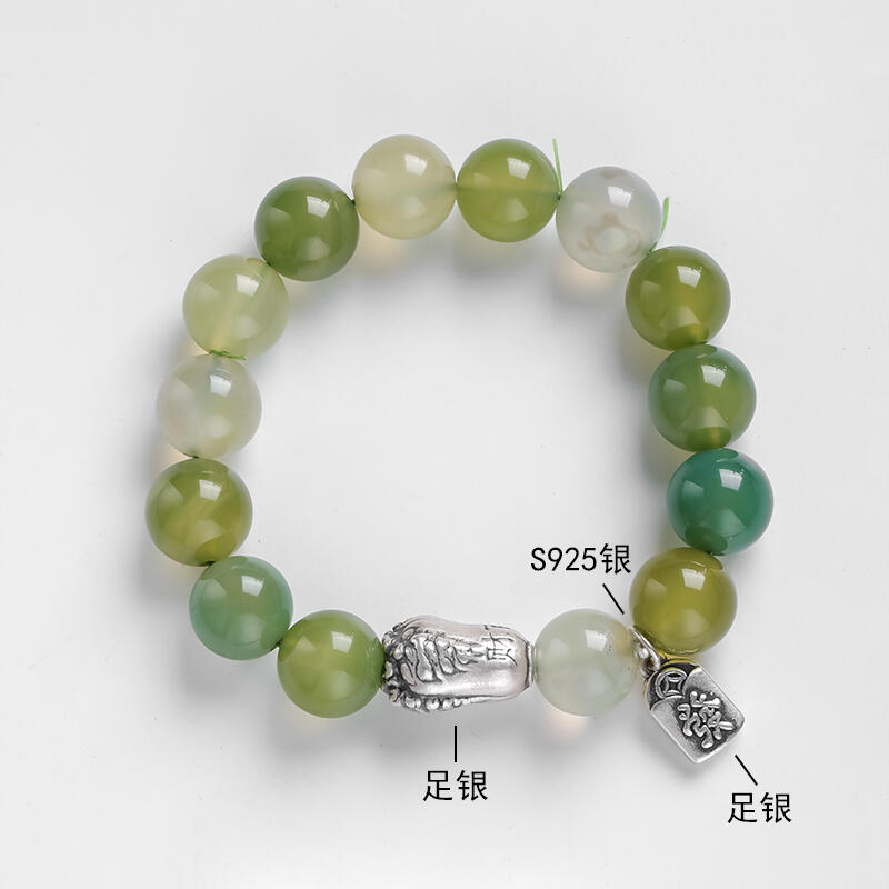 S925银绿玛瑙圆珠白菜足银弹力手串女多样性民族风新中式 S13055
