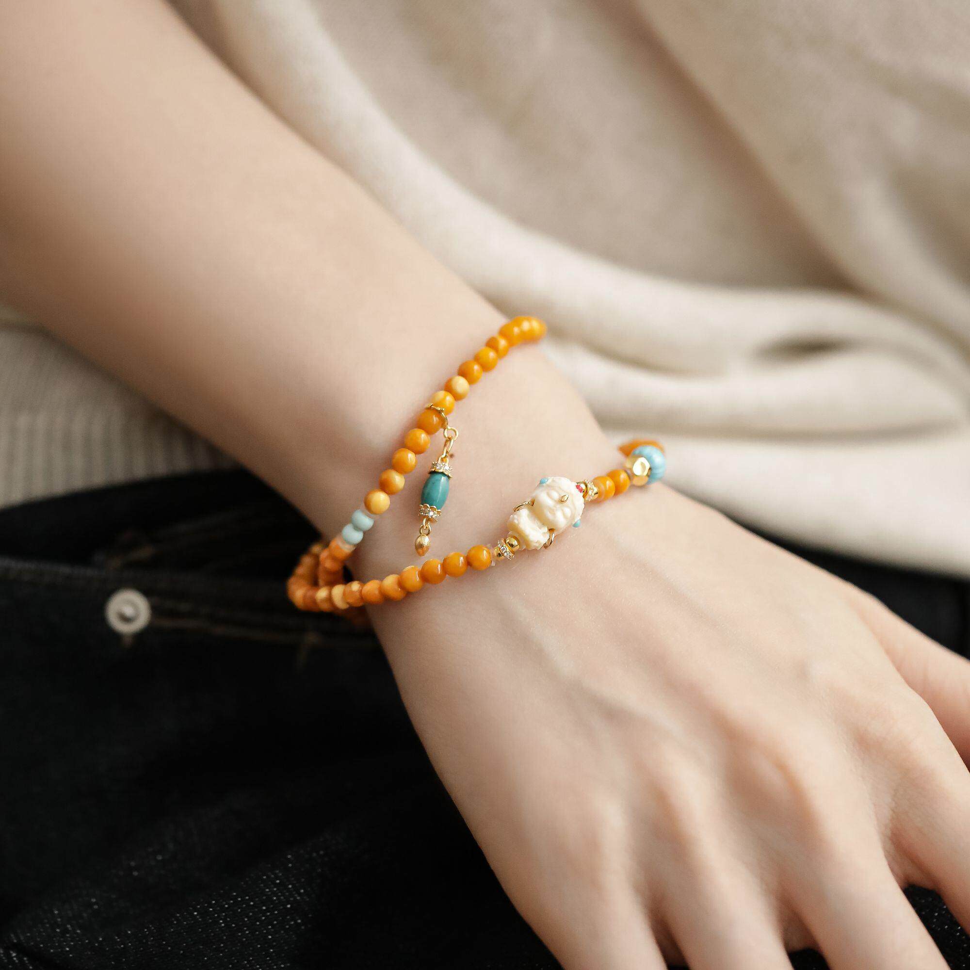 S925银蜜蜡圆珠雕刻度母弹力手串新中式简约百搭双圈国风 S13169