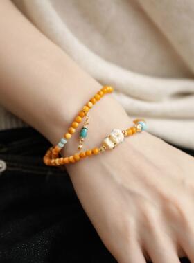 S925银蜜蜡圆珠雕刻度母弹力手串新中式简约百搭双圈国风 S13169