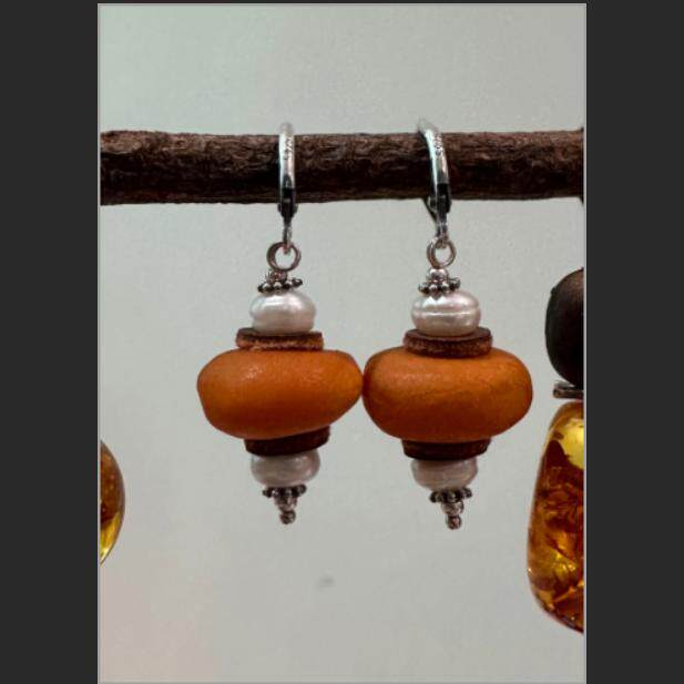 S925银蜜蜡饼子珍珠耳环复古纯手工民族风新中式手作耳勾 E26782