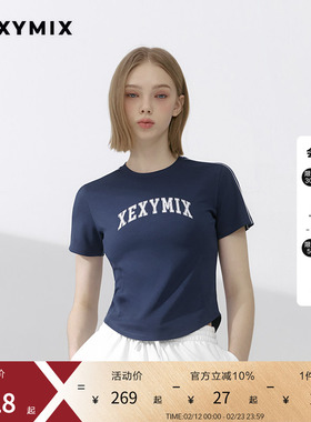 xexymix杰克茜 女前胸logo印花肩部撞色条短袖T恤防晒 XFK2TS1102