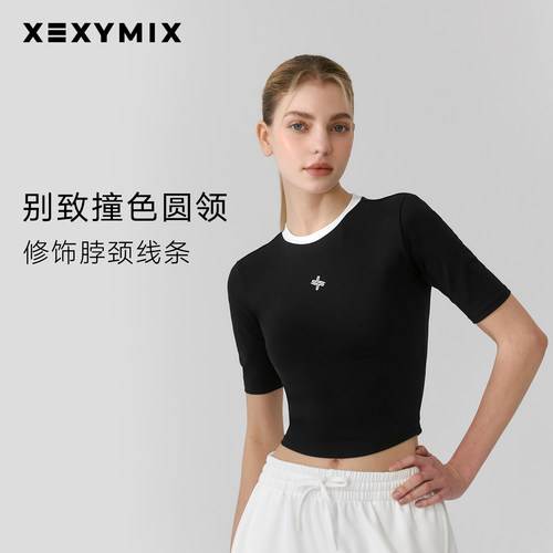 xexymix撞色领边logo中袖短袖T恤