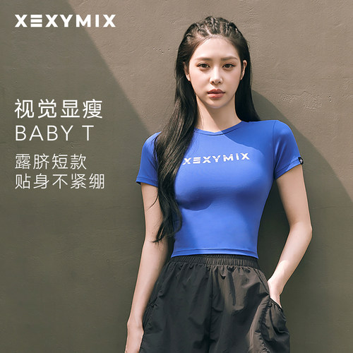 xexymix杰克茜韩国进口女印花运动T恤短袖修身瑜伽健身训练上衣