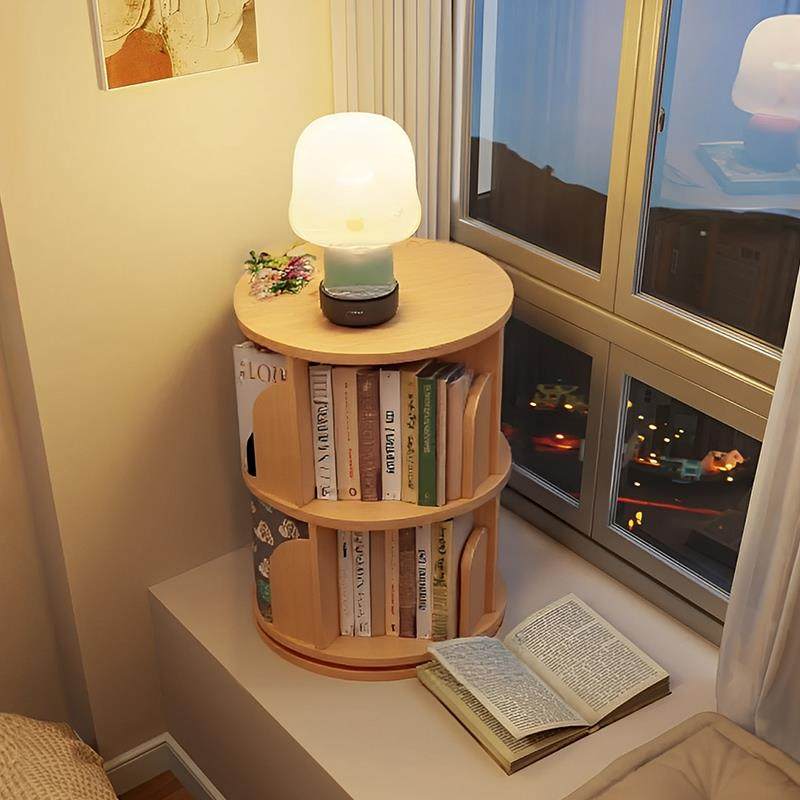 实木旋转书架小型飘窗置物架360度落地储物柜圆形儿童床头柜书柜