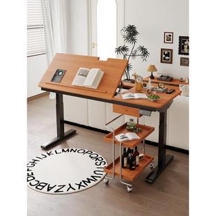 实木电动升降桌樱桃木带抽屉小户型可倾斜绘画学习书桌办公电脑桌