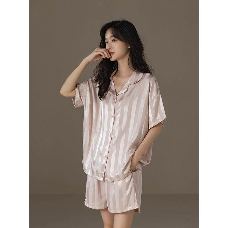 【凉感科技】冰丝睡衣女款夏季短袖短裤彷真丝绸缎大尺码家居服套