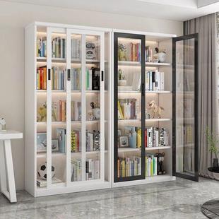 家用钢制书架推拉门防尘玻璃书柜带锁展示柜落地收纳储物柜新款