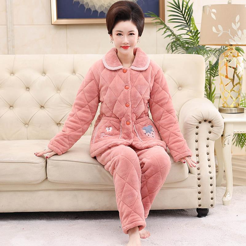 珊瑚绒睡衣女士冬季加厚夹棉中年妈妈秋冬季保暖家居服法兰绒套装