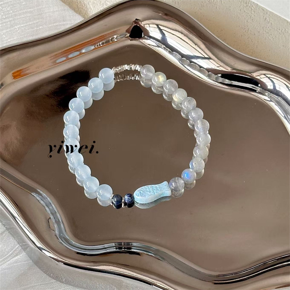 【小鱼泡泡】原创小众手工情侣灰月光石手链时尚捷克珠小鱼手串