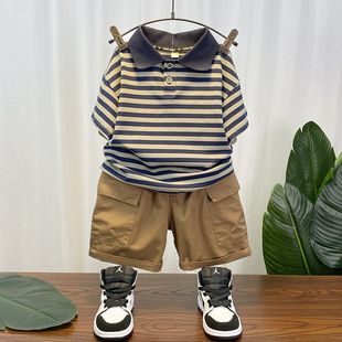 衣服时髦工装 巴拉亲子男童夏款 2025新款 帅气条纹polo衫 两件套 套装
