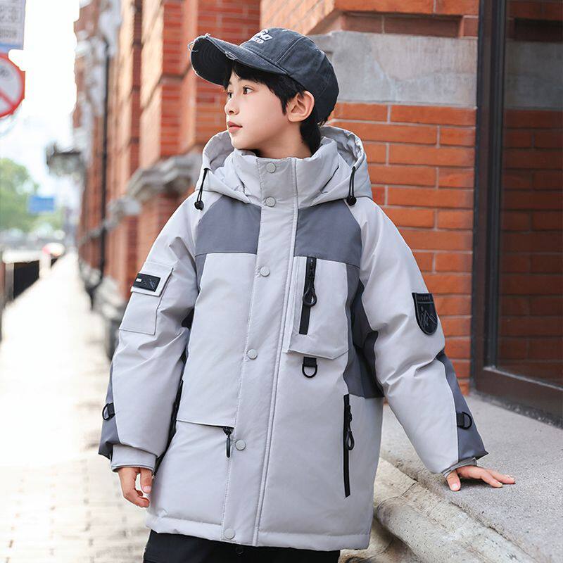 正品亲子男童羽绒服拼色工装2025新款冬装洋气男中款大童加厚外套