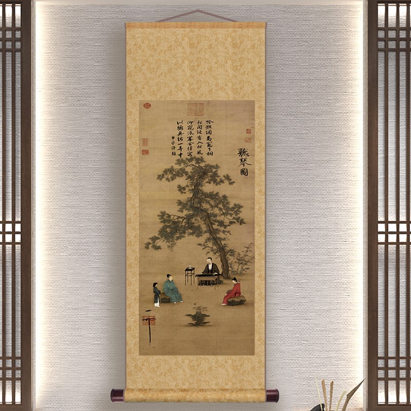 热销中式装裱丝绸卷轴挂画竖版听琴图名家仿古画客厅茶室玄关装饰