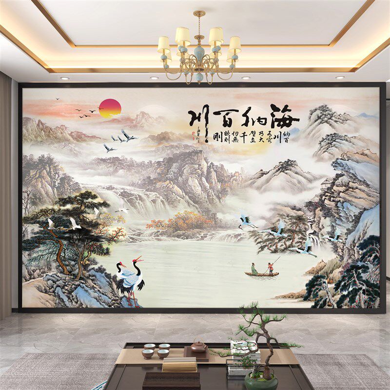热销壁纸定制新中式山水画 画电视背景壁画 画海纳百川壁纸客厅大