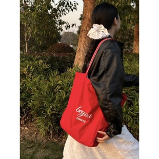 帆布包女超火红色大容量单肩包双面 通勤托特包百搭慵懒风感