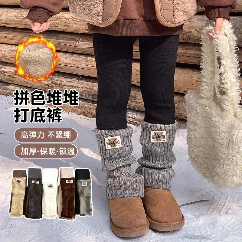 冬款女童加绒加厚小熊堆堆袜套