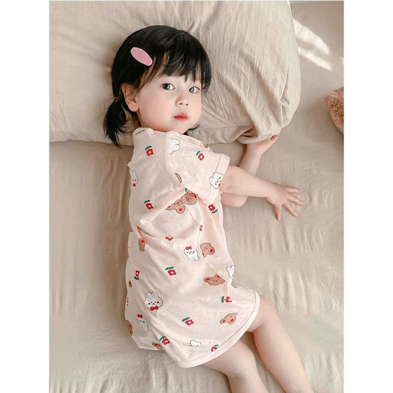 夏季儿童睡袋连体冰丝睡衣女童睡裙宝宝短袖空调睡袍薄款家居服
