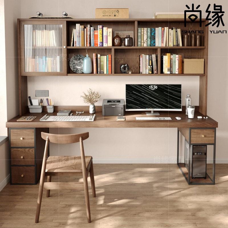 实木双人书桌书柜家用带抽屉长条桌工作台靠墙卧室电脑桌书架一体