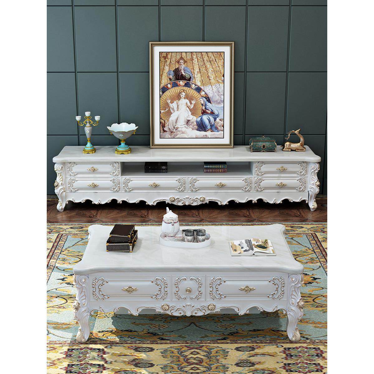 欧式电视柜茶几组合小户型实木客厅沙发大理石电视柜现代简约地柜