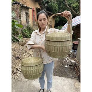 竹编篮子手工老式编织制品采摘竹篮收纳竹筐双层大号手提篮覆古