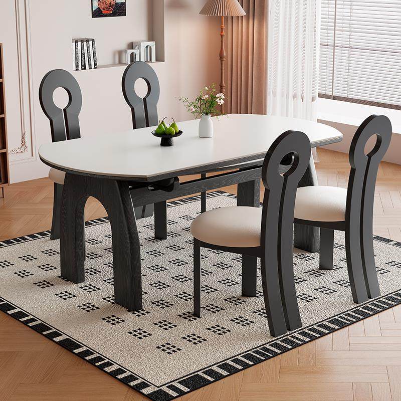 法式中古风实木餐桌椅组合家用小户型可伸缩折叠方圆两用岩板饭桌