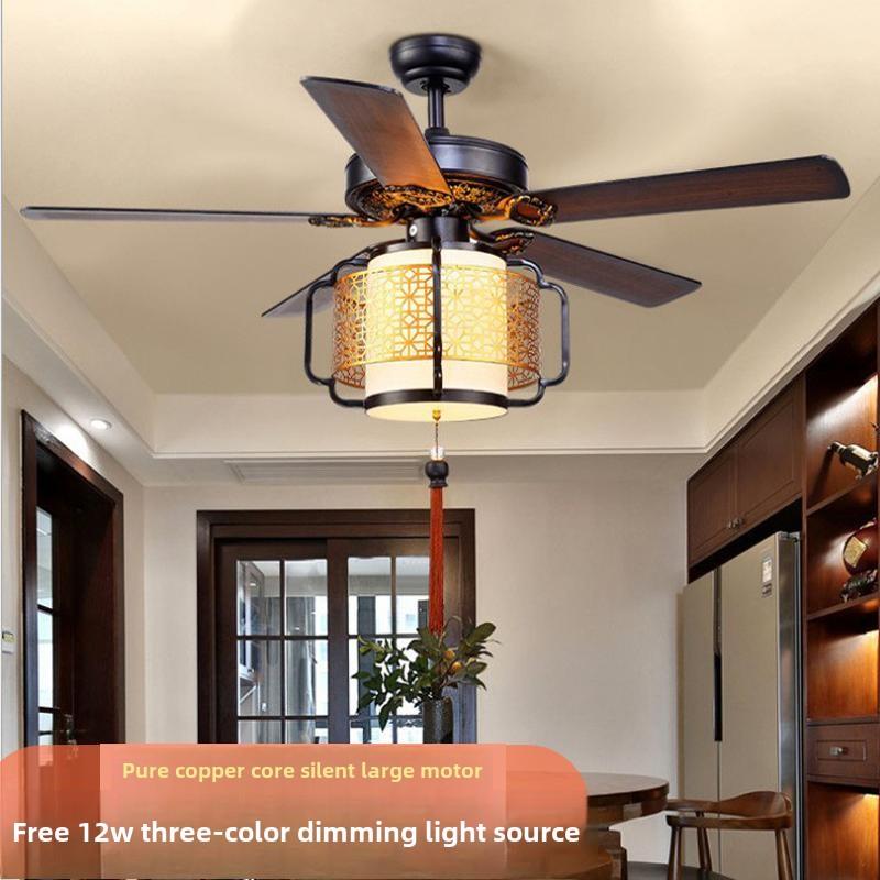 新中国风扇灯客厅餐厅卧室吊扇灯中国风覆古木叶无声Led吊灯与风